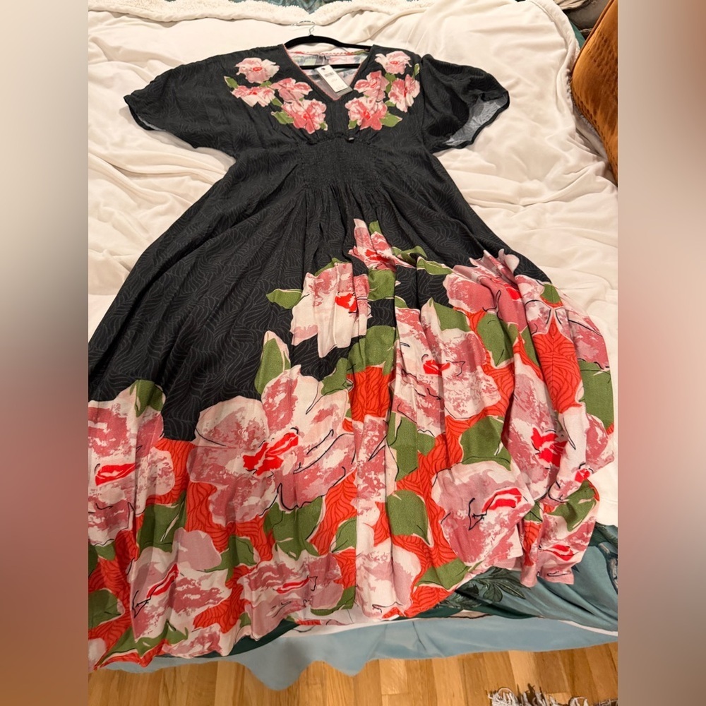 NWT Anthropologie Bl-nk London Tatiana Kaftan Black Floral V-Neck Midi Dress OS - Picture 3 of 7